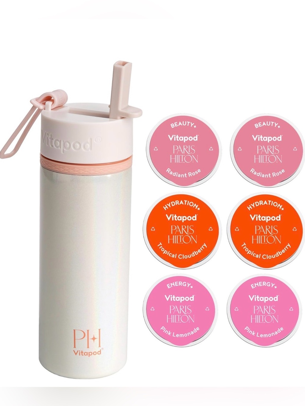 Vitapod PH x Paris Hilton Pearl White Bottle 22oz- Pink Accent